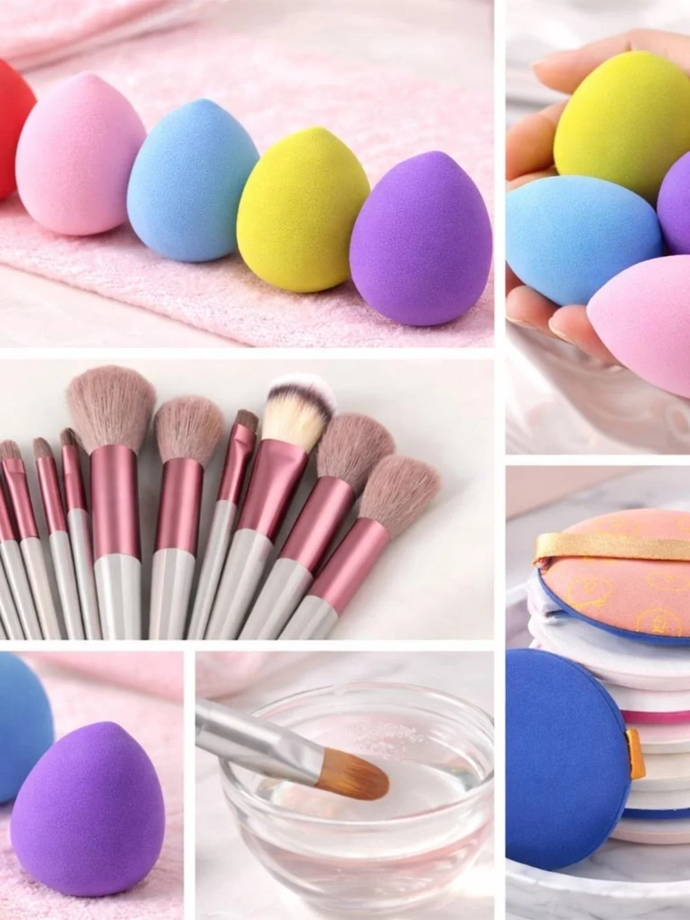 Multicolor Makeup Sponge and Brush Set with Pink-Handled Brushes